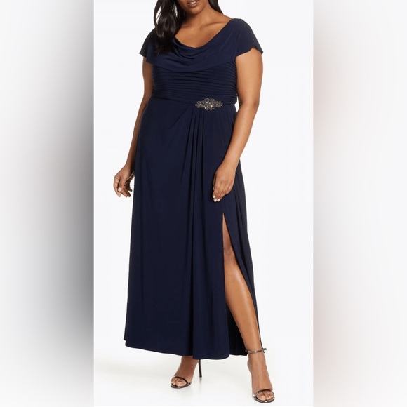 NWT Alex Evenings Cowl Neck A-Line Matte Jersey Gown with Pleated Bodice in Navy - Picture 4 of 6